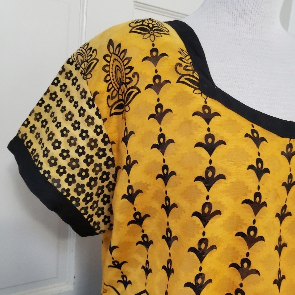 Maple Yellow & Teal Clothing Scoop Neck Short Sleeve Bohemian Top Size 2X - Picture 3 of 10